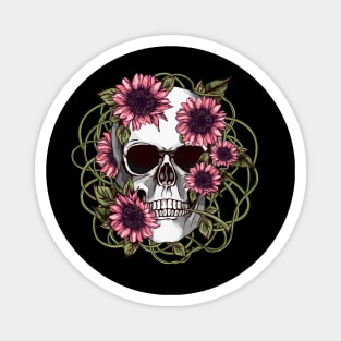 floral skull, cool skull, pink sunflowers skull mask face Magnet